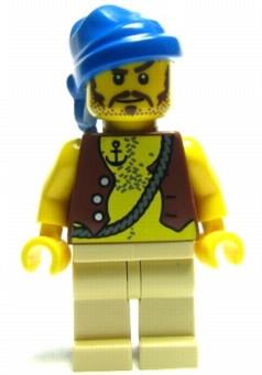 LEGO Minifigure-Pirate Vest and Anchor Tattoo, Tan Legs, Blue Bandana, Brown Moustache-Pirates / Pirates II-PI093-Creative Brick Builders